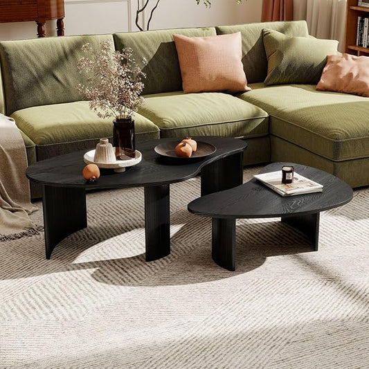 Black Wood Coffee Tables Set of 2 for Living Room, Modern Nesting Center Table with Fluted Solid Rubberwood Legs and Oval Mango Shape for Small Apartment