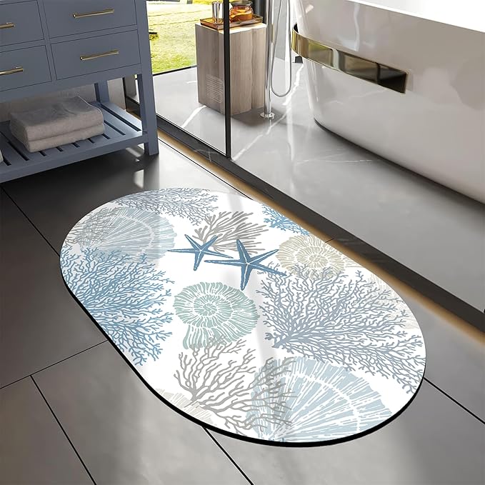 Bathroom Rug Mat Marine Sea Shells Stars Oval Bath Mat Doormat Absorbent Quick Dry Non Slip Diatom Mud Mat for Shower Tub Sink Laundry Kitchen Doorway 23.6x15.7 Inches