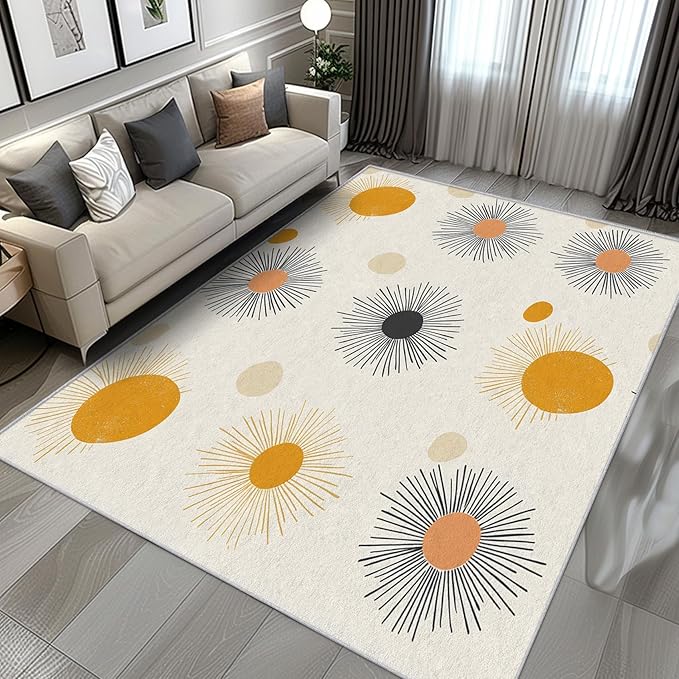 Atomic Rug 6x8, Washable Mid Century Modern Rugs for Living Room Bedroom, Retro Sun Geometric Area Rug for Home Decor, Non Slip Backing Floor Carpet with Gripper - 6 x 8 ft