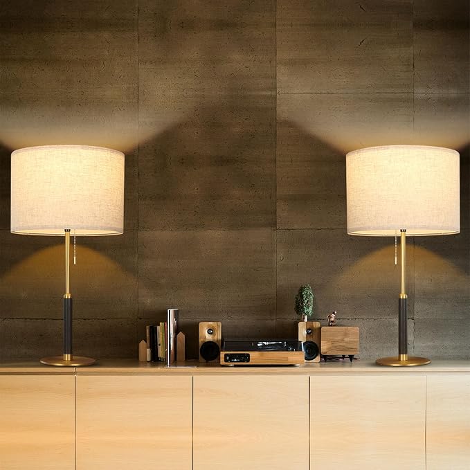 26.4" Set 2 Pull Chain Table Lamp Modern Mid Century Bedside Lamps for Living Room End Tables 3-Color Light for Bedroom, Solid Wood/Metal/Fabric Lamp for Home/Office/Desk (Light Brown+Brass)