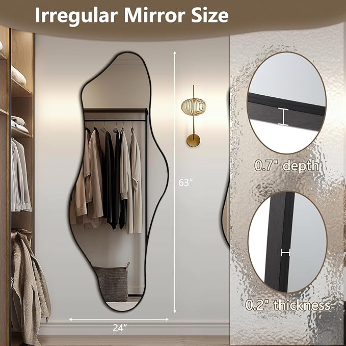 Mirrorons Irregular Wall Mirror 63×24, Black Asymmetrical Decorative Bathroom Mirror, Cloud Mirror, Modern Vanity Mirror, Shatterproof Black Mirror