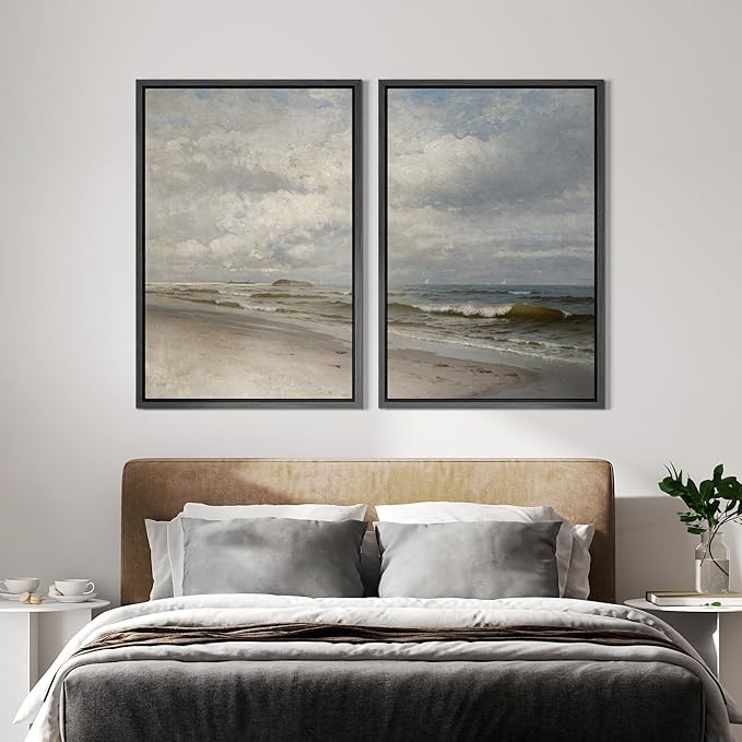 IDEA4WALL Framed Canvas Print Wall Art Set Coastal Beach Scene Classic Ocean View Illustrations Modern Art Decorative Coastal Cottage Seascape for Bedroom - 16"x24"x2 BLACK