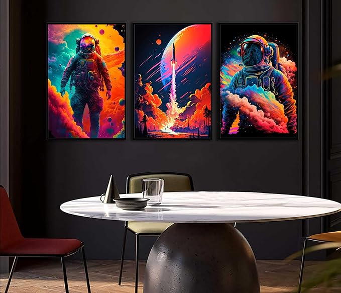 3Pcs Cool Astronaut Wall Art Abstract Colorful Galaxy Spaceman Posters Pictures Fantastic Planet rocket Paintings Prints Surrealism Planets Cosmos Artwork for Boys Bedroom Canvas Wall Decor Unframed