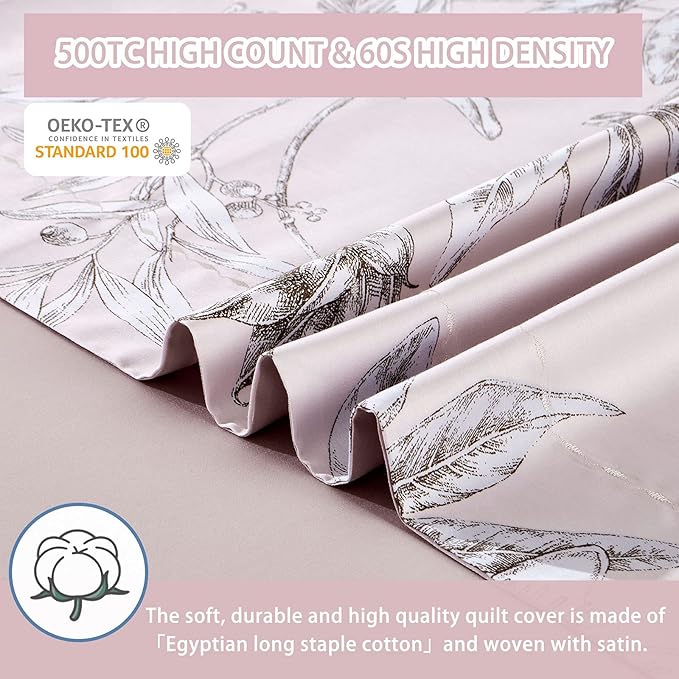 MILDLY 100% Long-Staple Cotton Duvet Cover Set Light Pink Elegant Floral Pattern Printed Comforter Cover 3pcs, Ultra Soft & Breathable Bedding Set