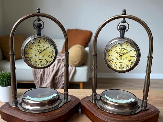 Personalized Victorian Brass Desk Clock with Integrated Working Compass - Vintage Tabletop Nautical Timepiece for Home/Office Decor, Engraved Bronze Luxury Office Decor