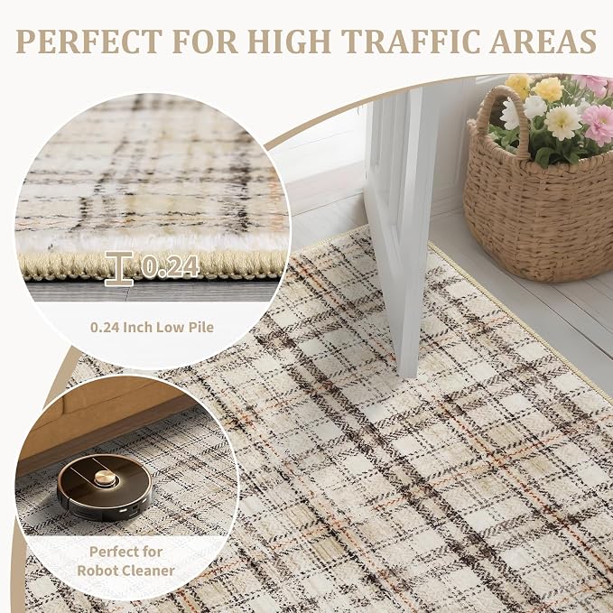 Tartan Plaid Round Rugs 6Ft Washable Area Rug for Playroom, Kids Non-Slip Neutral Classic Circle Rug Modern Large Carpet Soft Boys Rug for Classroom Dorm Bedroom, Beige