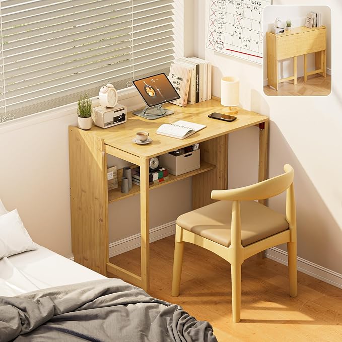Bamboo Foldable Desk, Folding Desks for Small Spaces, Mid Century Small Computer Desk with Bookshelf for Bedroom Home Office, Natural