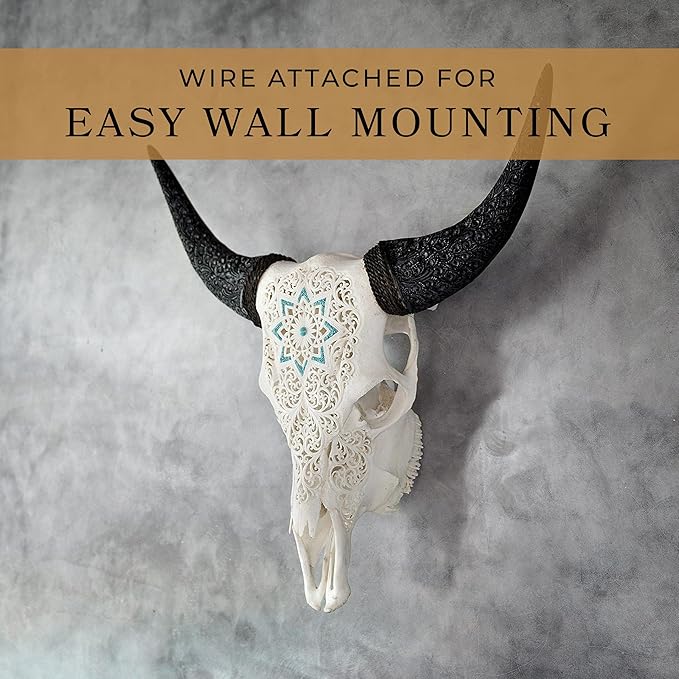Skull Bliss - Hand-Carved Real Authentic Taxidermy Cow Skull/Bull Skull Wall Decor with Horns/Real Animal Cow Skull Wall Decor (Hand-Carved Horns)