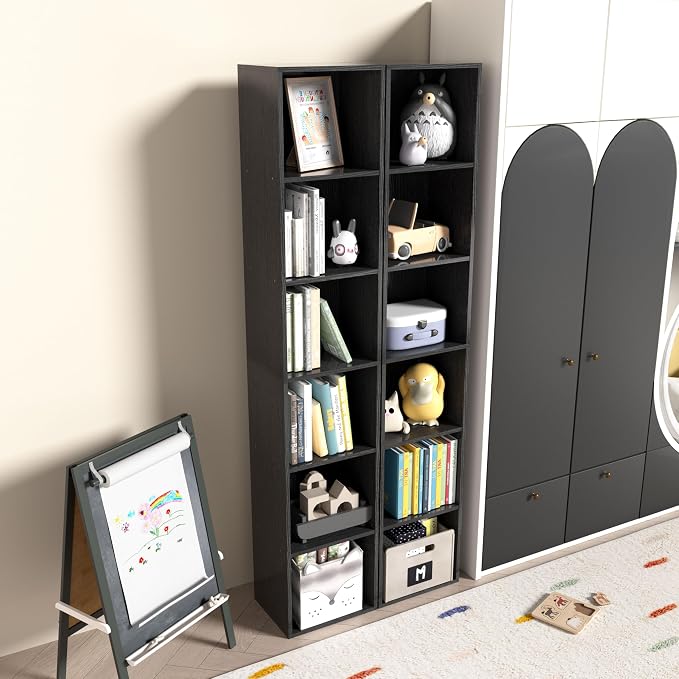 6-Tier Wooden Cube Storage Organizer, 62 Inch Tall Bookcase & Display Shelf with 6 Open Cubes, Freestanding DIY Closet Shelving Unit for Living Room Bedroom Office (Black, 6 Cube-W(11.8inch)