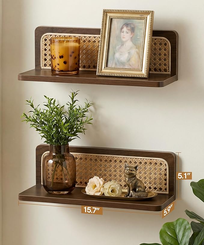 Rattan Wall Shelf Mid Century Modern Decor Floating Shelves Walnut Boho Wall Decor Decorative Shelving Home Decor Living Room Bedroom Coffee Bar Bathroom Plant Photo 16inch