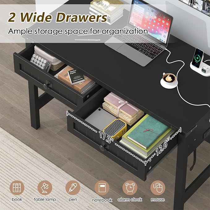YOMILUVE Farmhouse Computer Desk with 2 Drawers, 39 Inch Small Black Computer Desk with Power Outlets, Home Office Desk Compact Writing Study Table for Small Spaces