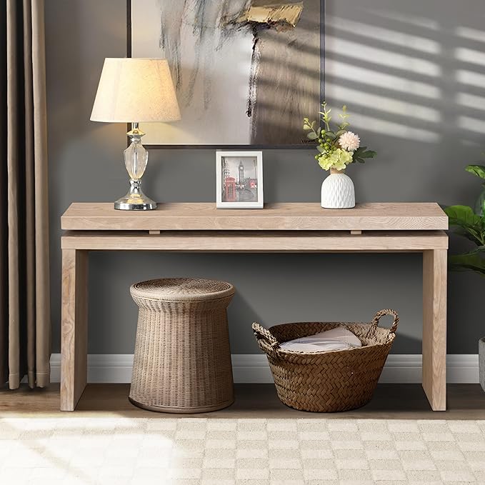 Wood Console Table, 60" Retro Narrow Long Sofa Table Behind Couch with Double Board Suspension Design and Solid Wood Finish for Hallway Entryway Living Room Entrance, Natural