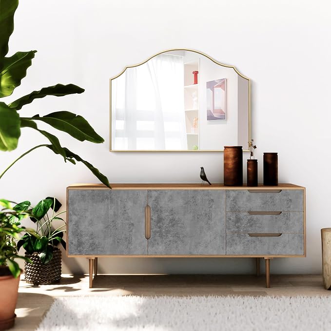 Besdomus Gold Scalloped Mirror for Dresser: 35"x26" Modern Wooden Mantel Mirror - Minimalist Decorative Wall for Vanity/Bedroom/Fireplace/Entryway - Ideal for 20-44 Age Fashion Women