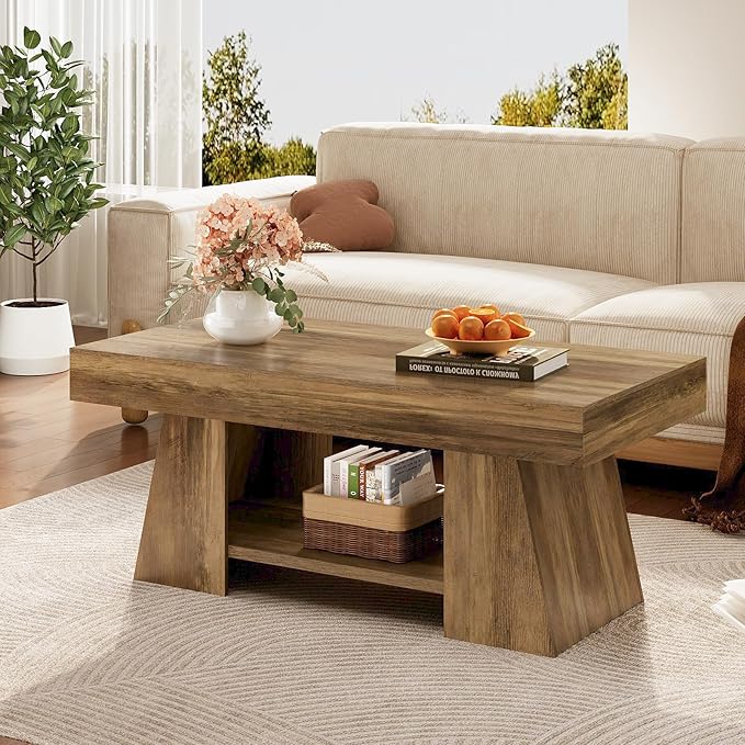 Tohomeor Coffee Table, 47.24" Farmhouse Wooden Rectangular Accent Center Tables with Storage Shelf Thick Base for Living Room, Home Office, Retro Brown
