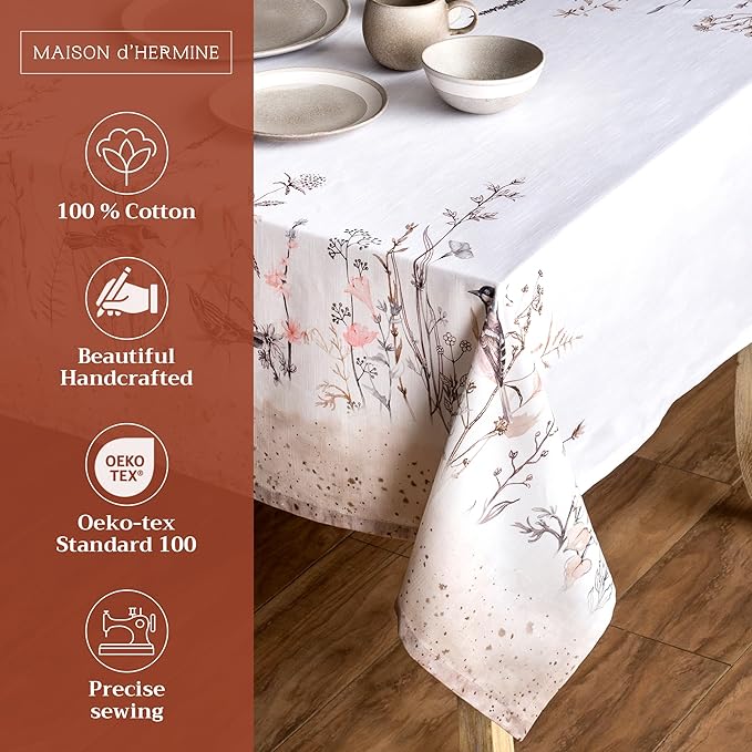 Maison d' Hermine Table Cloth Rectangle Table 100% Cotton 54 x 72 Inches Tablecloth Reusable Decorative for Dining Room Farmhouse Home Valentines Day Decorations Spring Summer - Meadow Florals - Brown