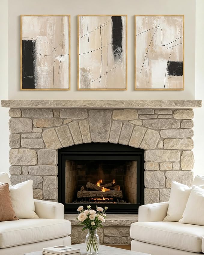 KUVIOKE Abstract Framed Wall Art Minimalist Beige Pastel Watercolor Neutral Wall Decor Modern Black Line Art Painting Home Decor 16x24in (Natural Framed)