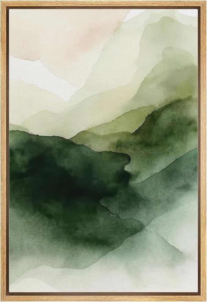 MUDECOR Framed Canvas Print Wall Art Abstract Landscape Wall Art Green Mountain Watercolor Illustrations Fine Art Mid-Century Modern Multicolor for Living Room, Bedroom, Office - 16"x24" NATURAL