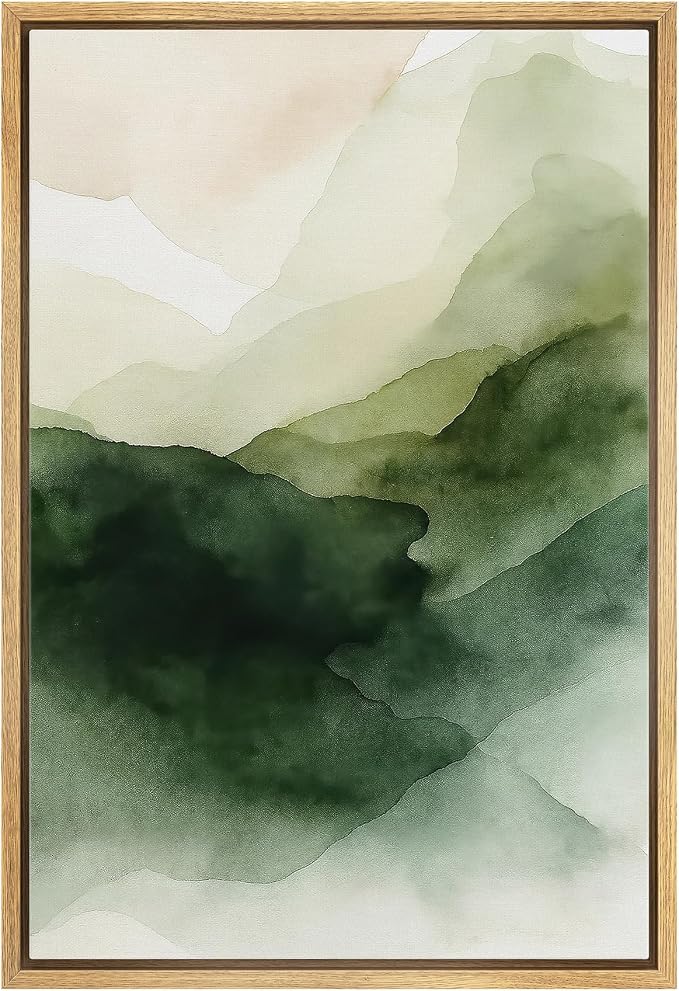 MUDECOR Framed Canvas Print Wall Art Abstract Landscape Wall Art Green Mountain Watercolor Illustrations Fine Art Mid-Century Modern Multicolor for Living Room, Bedroom, Office - 24"x36" NATURAL