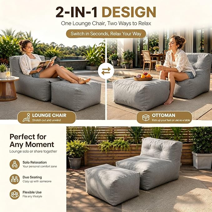 Outdoor Indoor Bean Bag Chair with Ottoman, 2-in-1 Lounge Beanbag with Foam Filling, Waterproof Outdoor Bean Bag & Full-Body Support for Patio Deck Poolside Backyard, Dark Gray