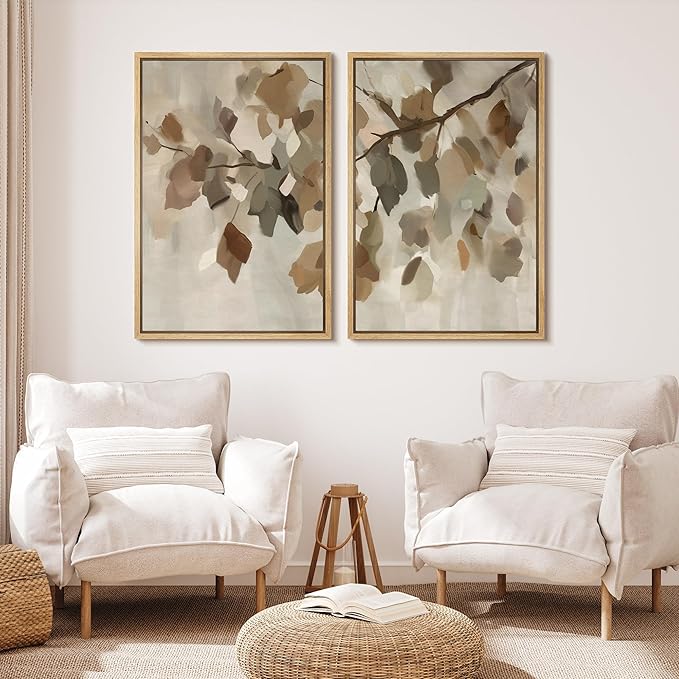MUDECOR Framed Canvas Print Wall Art Set Abstract Leaf Branch Minimalist Nature-Inspired Beige and Brown Calm/Zen for Living Room, Bedroom, Office - 24"x36"x2 Natural