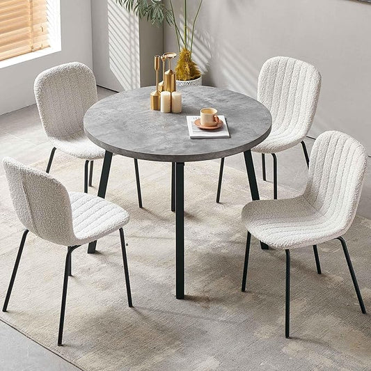 NORDICANA 4-Person Round Dining Table Set for Small Spaces, Industrial Style 37.4 Dia Grey Engineered Wood Kitchen Table with Boucle Dining Side Chairs, Biege,