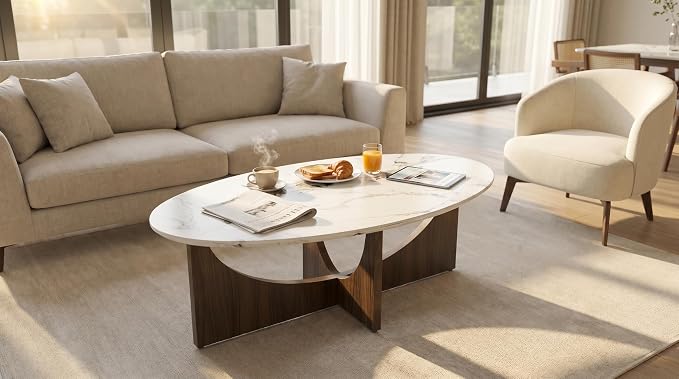 Honyee Oval Coffee Table 47 Inch for Living Room, White Marble-Look Center Table with Wood Base, Large White Oval Coffee Tables for Home Apartment Small Spaces