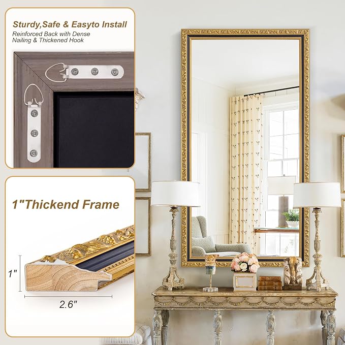 Large Vintage Decorative Mirror for Wall, 52'' x 28'' Gold Antiuqe Living Room Mirror with Black Gold Frame, Traditional Vintage Gold Wooden Mirrors, Horizontal/Vertical