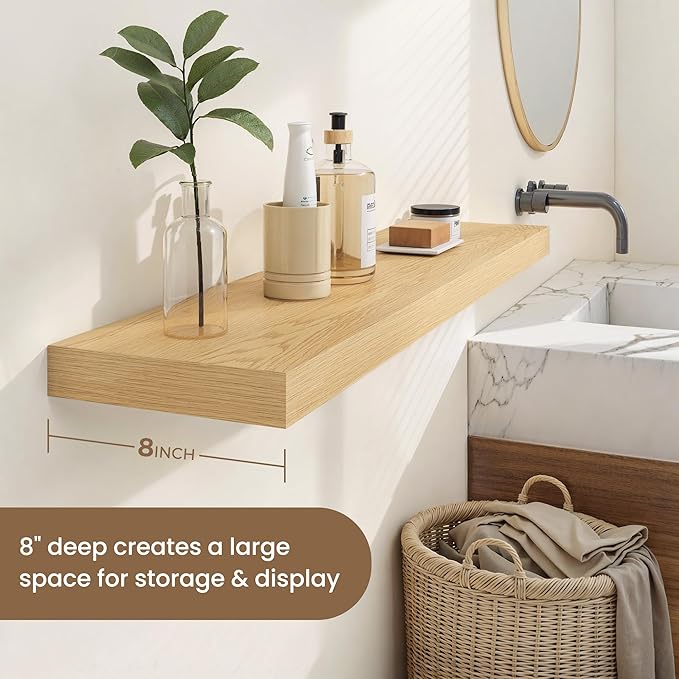 Dreamland 8" Deep Long Floating Shelves, 32 Inches Floating Shelves for Wall Set of 2, Large Display & Storage Shelf, Wall Shelf for Bathroom Bedroom Living Room Kitchen Office, Oak