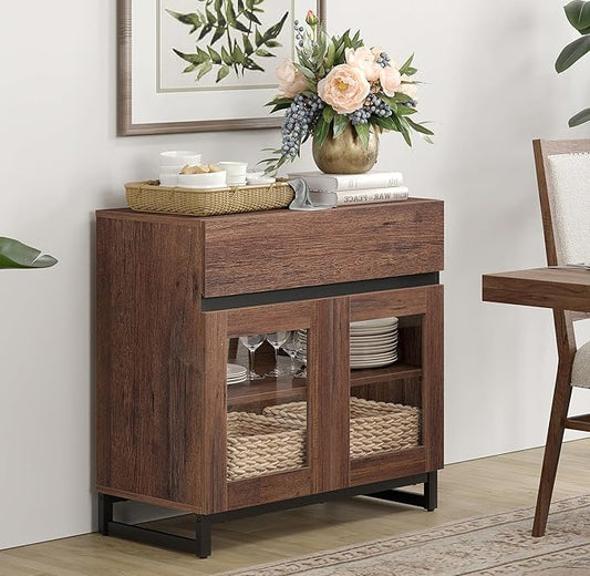 WAMPAT Sideboard Buffet Cabinets with Glass Doors and Drawer, Modern Sideboard Credenza with Adjustable Shelf, Coffee Bar Storage Cabinet for Living Room, Kitchen, Brown