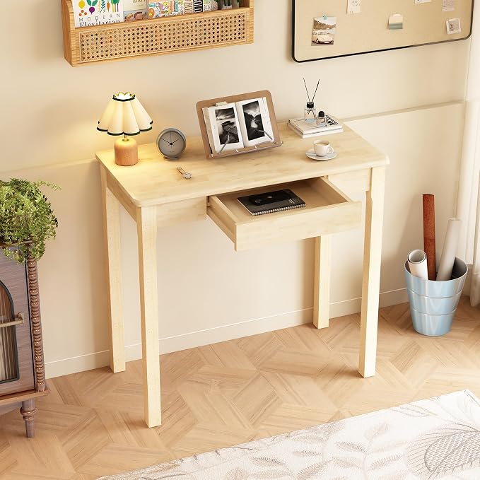 Solid Wooden Desk with Drawers - 32 x 16 Inch Narrow Desks for Small Spaces, Rubberwood Simple Study Table, Small Writing Desk for Bedroom - Natural Boho Desks