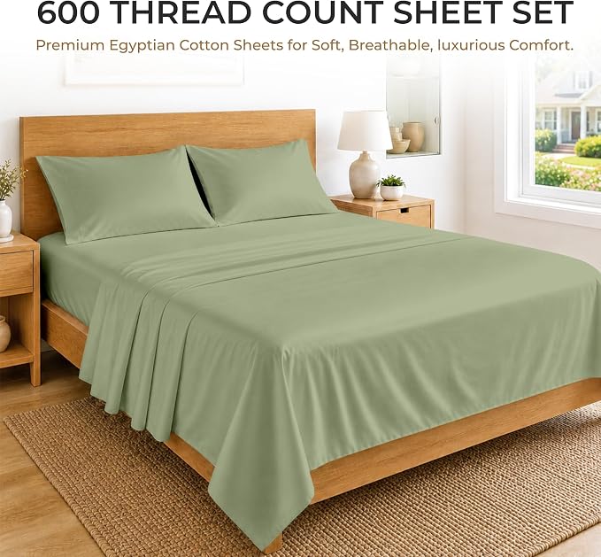 SGI bedding RV Short Queen Sheet Set 60x75, 600 TC Egyptian Cotton, 4 Piece Luxury Hotel Collection, Ultra Soft & Breathable, Fits RV Mattress Camper & Trailer, 15 Inch Pocket, Moss