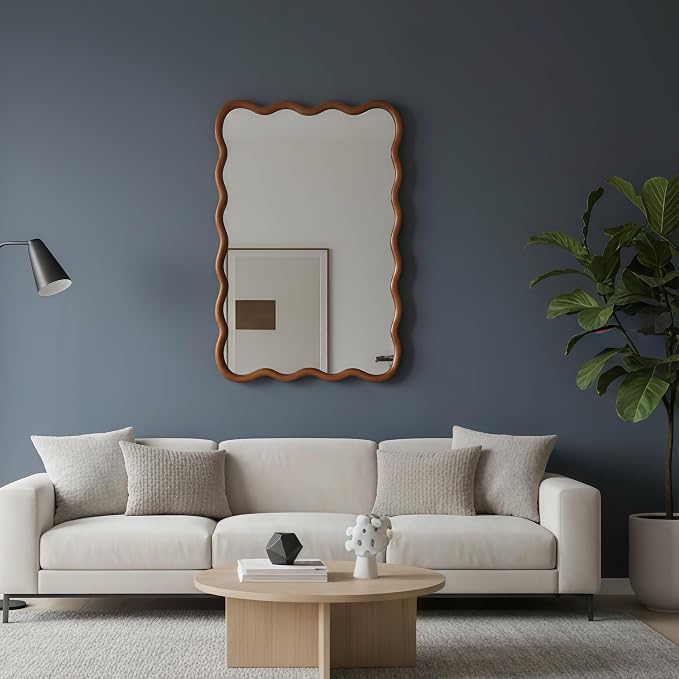 30x20 Inch Wooden Wavy Rectangle Wall Mirror, Modern Solid Wood Frame Decorative Accent Mirror for Bedroom, Bathroom, Living Room, Entryway, Yellowish Brown