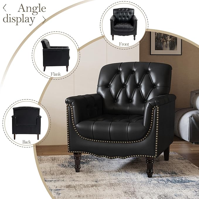 Pia Ricco Modern Tufted Accent Chair, Single Faux Leather Armchair with Nailhead Trim & Wood Legs, Comfortable Upholstered Seat for Living Room, Office - Black