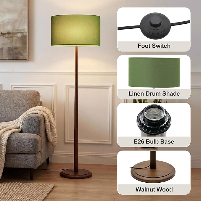 61" Rustic Walnut Wood Floor Lamp, Mid Century Standing Tall Lamp with Linen Shade, Retro Farmhouse Lighting for Home Living Room, Bedroom, Dining Room, UL listed, E26 Base (Bulb Not Included), Green