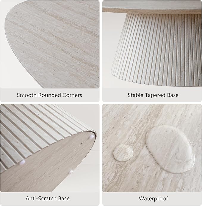 win2win Oval Coffee Table, Modern Faux Stone Coffee Table with Fluted Design, Travertine Center Table with Tapered Base, Minimalist Tea Table for Living Room, Bedroom, Office, Stone