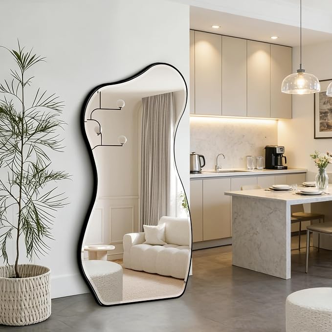 POZINO Irregular Beveled Mirror, 53"x25" Asymmetrical Wall Mirror with Black Metal Frame, Organic Shape Floor Mirrors for Entryway Living Room Bedroom Hallway, Leaning/Wall-Mount