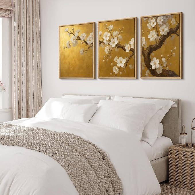 wall26 Framed Canvas Print Wall Art Set Golden Cherry Blossom Tree Elegant Floral Illustrations Fine Art Decorative Rustic for Living Room, Bedroom, Office - 16"x24"x3 Natural