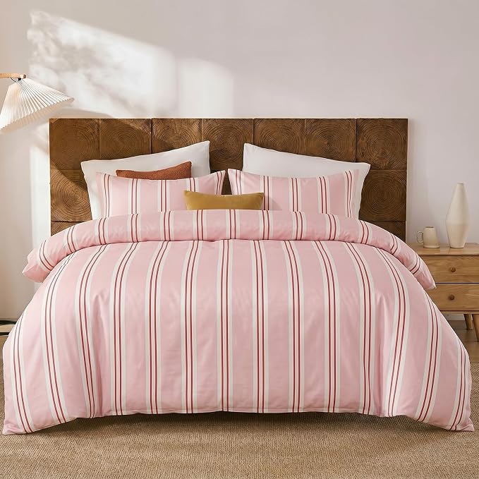 Merryword Striped Duvet Cover Set Queen Size - 100% Cotton Duvet Cover Set, Pink Ribbon Stripes Pattern Comforter Cover 3 Pieces, Soft Linen Like Bedding Set for All Seasons