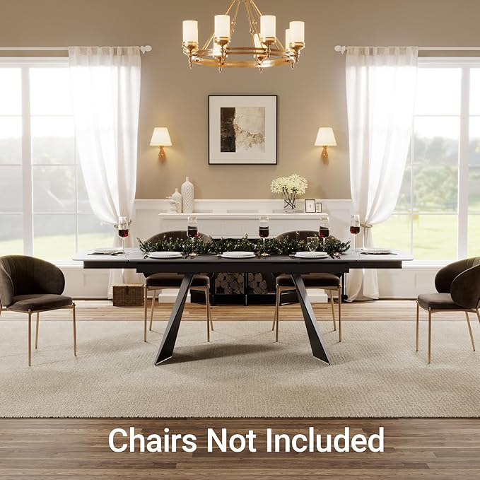 Extendable Dining Table with Leaf, 65"-95" Rectangular Sintered Stone, Marble-Look Top, Seats 6-12, Metal Base, Easy-Clean, Heat & Scratch Resistant, Dining Room/Kitchen Table for Family Gatherings