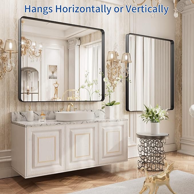 WEER Black Bathroom Mirror, 40X32 Inch Rectangular Matte Black Metal Framed for Wall, Farmhouse Bathroom Vanity Mirror with Tempered Glass, Rounded Corner, Anti-Rust (Horizontal/Vertical)