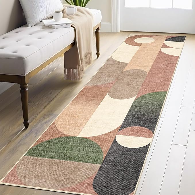 Modern Runner Rug 2x8 Washable Rug Runners for Hallway Kitchen,Long Rugs for Bedroom Entryway Bathroom,Non Slip Retro Orange Geometric Floor Carpet
