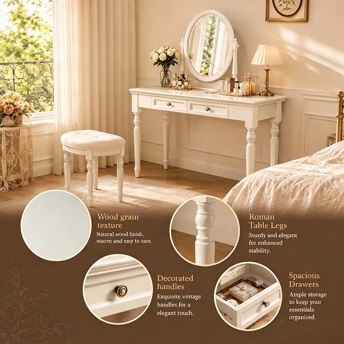 47" Narrow Solid Wood Writing Desk with Drawers, White French Country Style Computer Desk for Home Office, Living Room or Study
