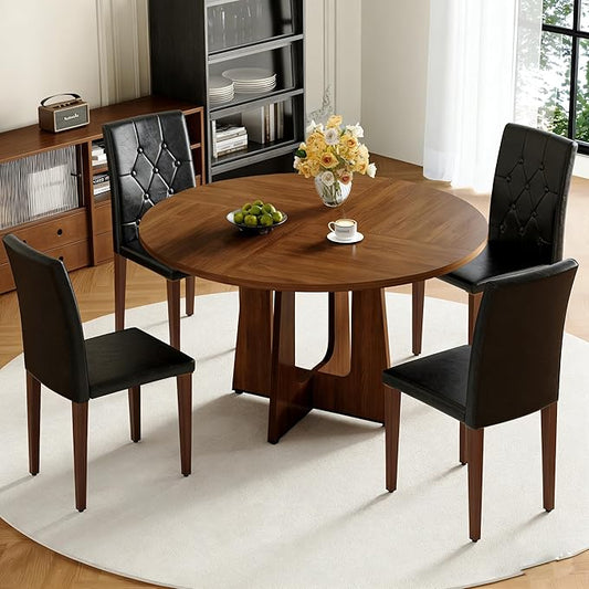 47" Round Dining Table Set for 4, Walnut Wood Grain Table and 4 Black PU Leather Upholstered Chairs Set, Mid Century Modern Kitchen Table Set with Cross Legs