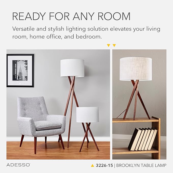 Adesso Table Lamp with Walnut Tripod Base and White Linen Lampshade – Bedside Table, Home Office Lighting or Living Room Décor, 29.5” x 15”