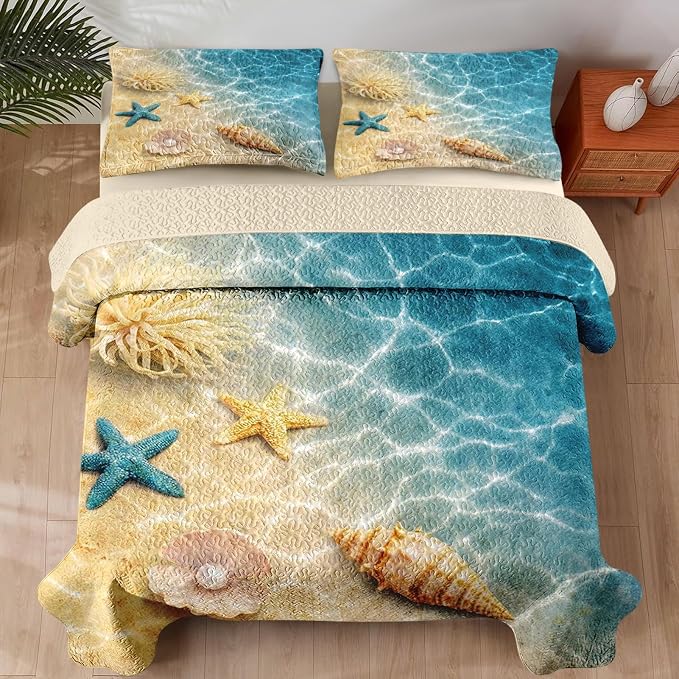 Pamnest Quilt Set Twin Size, Summer Beach Seashell 2 Pcs Soft Bed Cover Bedding Set for Kids and Adults, Blue Ocean Sea Shell Lightweight Bedspread Coverlet with Pillow Sham for All Season