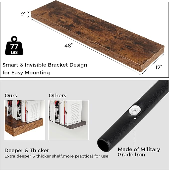Floating Shelves for Wall, 48" W x 12" D x 2" H, 2 Pack of Long Wall Mounted Engineered Wood Shelves with Invisible Brackets for Living Room, Bedroom, Bathroom, Kitchen Decor, Brown