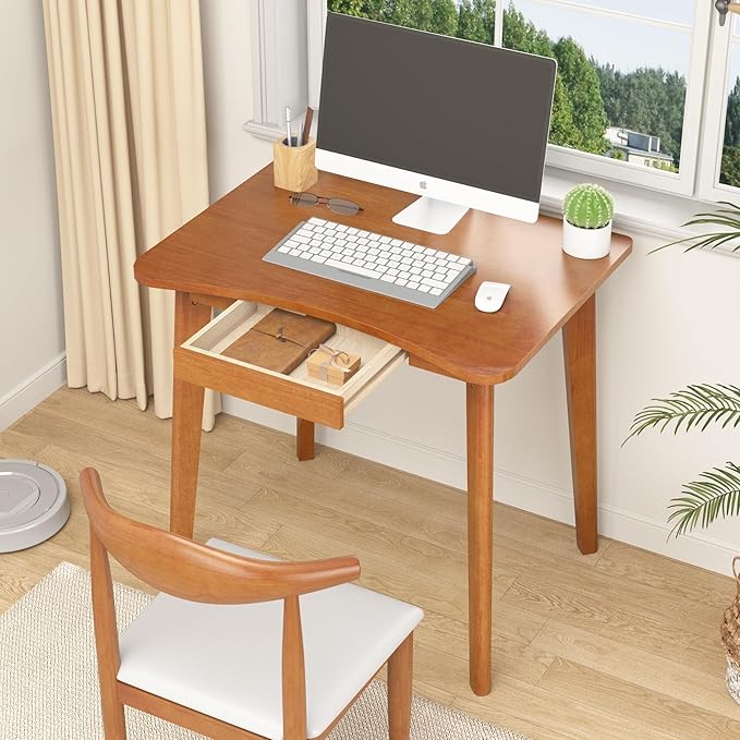 100% Solid Wood Desk with Drawers - 32 x 24 Inch Home Office Computer Desks, Modern Writing Desk with Drawers, Simple Study Table Makeup Vanity - Walnut Vintage Desks