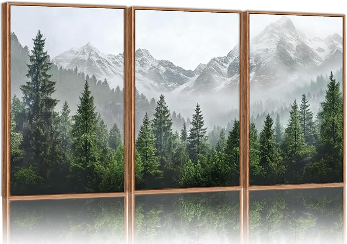 KaiWithYuan Misty Snow Mountain Framed Canvas Wall Art, Snowy Pine Tree Woodland Wall Decor, Calming Nature Forest Art Paintings, Minimalist Landscape Artwork for Bedroom Living Room Office 16"x24"x3