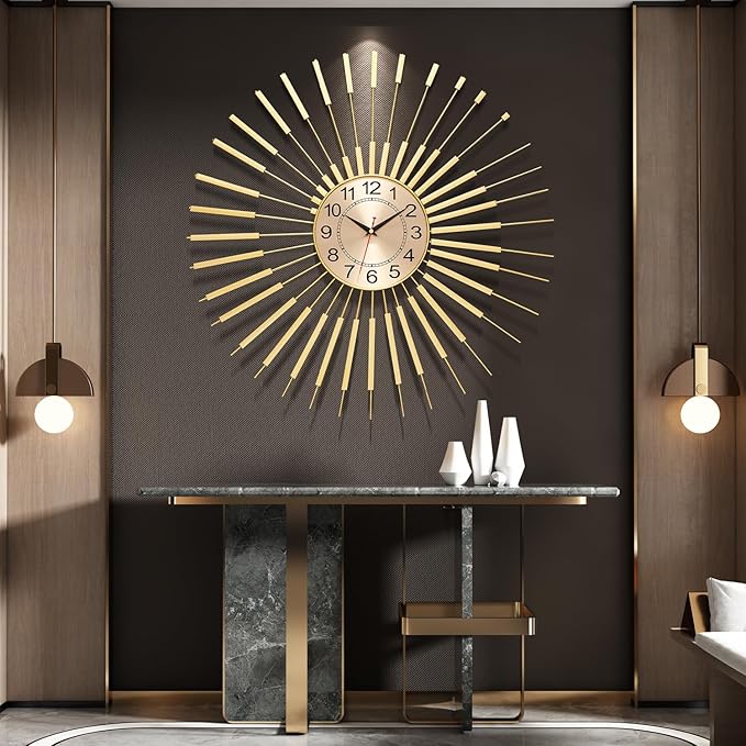 Gold Wall Clock Decor Silent 24" Battery Operated, Mid Century Modern Decorative Clock Metal Hanging for Living Room Bedroom Office