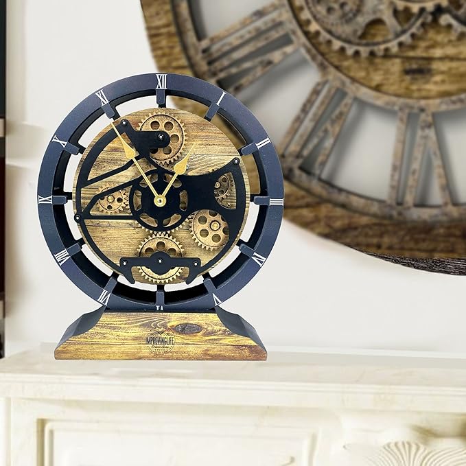 ImprovingLife The Gears Clock Desk Clock 10 inches with Real Moving Gears Convertible into Wall Clock (Gold Antique)